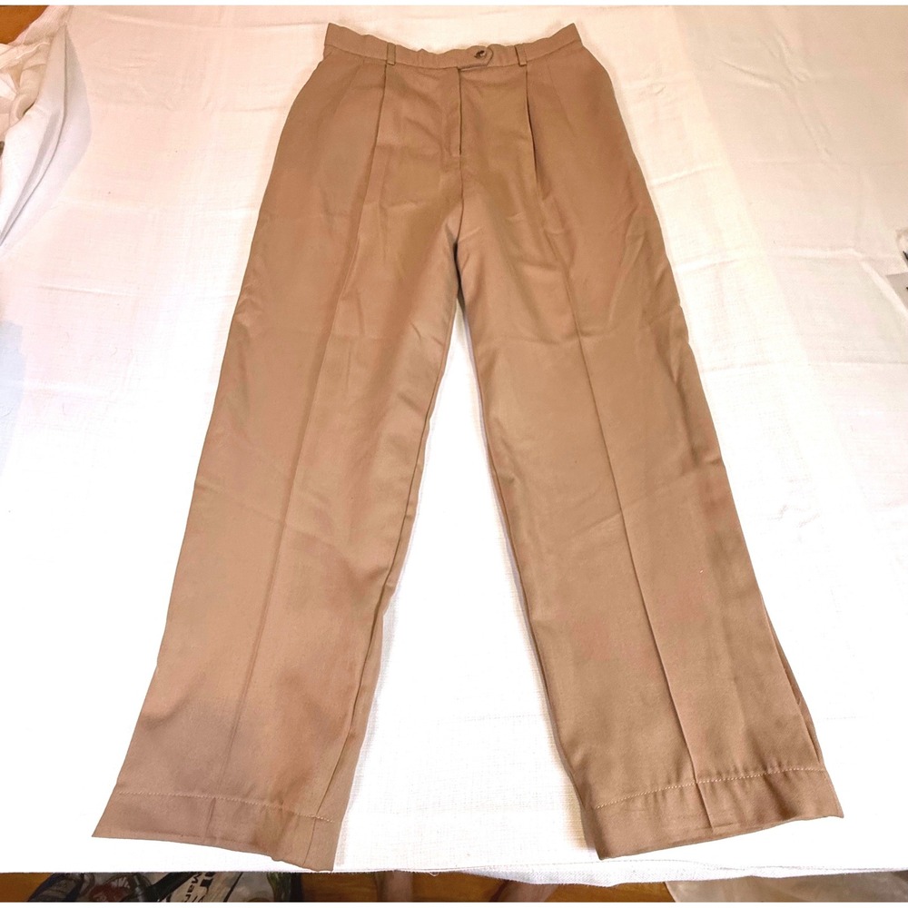 Vintage Camel Tan 100% Worsted Wool Pleated High Waisted Straight Leg Trousers - Picture 2 of 11